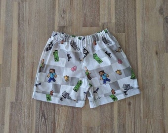 Kids Minecraft shorts // handmade // cotton // creeper // boys // girls // baby // toddler // gift // birthday // party // grey // white