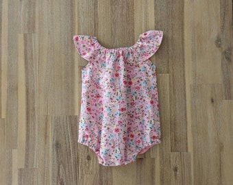 Girls floral romper // flutter sleeve // handmade // baby // toddler // Easter // pink // flower // bodysuit // onesie // gift / sibling set