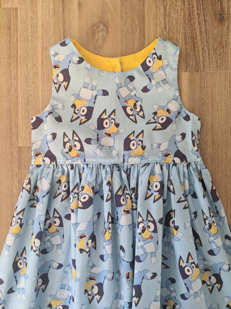 Girls Bluey Tea Party Dress // Handmade // Cotton // Toddler // Baby //  Custom // Blue // Yellow // Frock // Bingo // Blue Heeler // Gift 