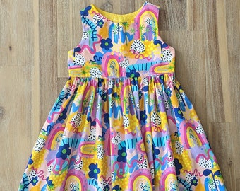 Girls rainbow tea party dress // handmade // baby // toddler // cotton // gift // party // twirly // birthday// kids // flower // fun //