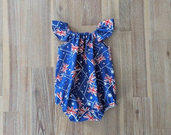 Girls Australia Day romper // flutter sleeve // flag // Aussie // playsuit // bodysuit // handmade // cotton // baby // toddler