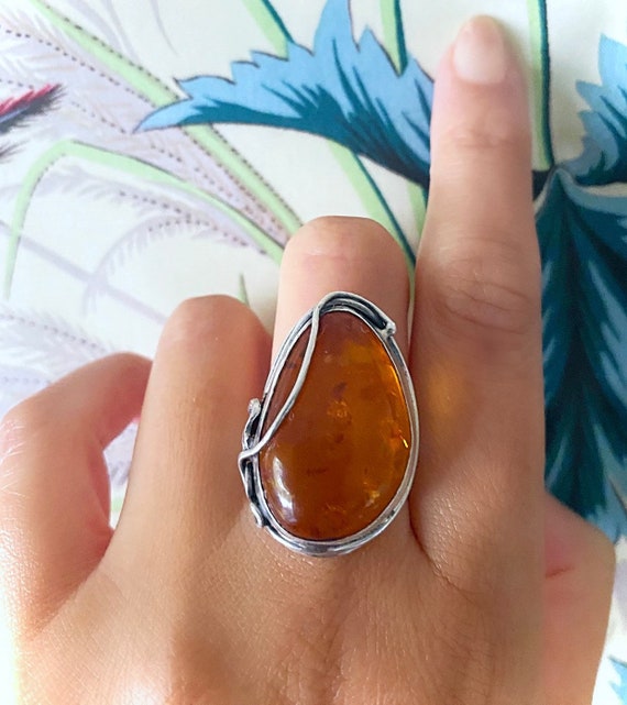 Sterling Silver & Amber Art Nouveau Style Ring