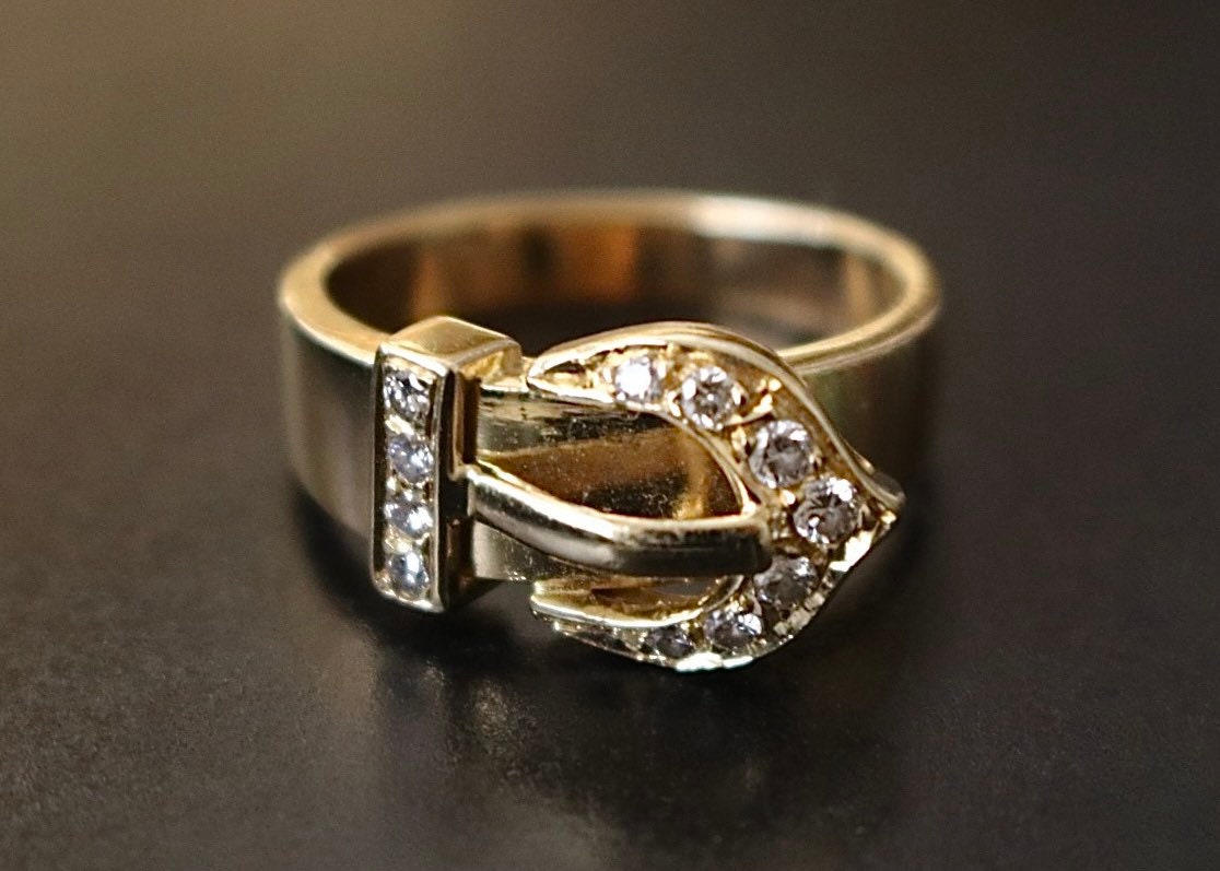 14k Gold Diamond Buckle Ring Etsy
