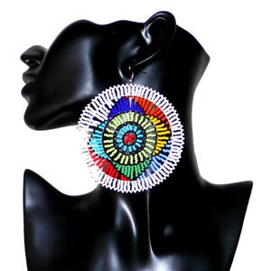 Oversized White and Multicolor African Earrings - 10cm Long and 8.5cm Wide | African Zulu Beaded Jewelry