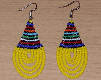 Gelbe und mehrfarbige Zulu-Ohrringe in Tropfenform – 7 cm lang | Afrikanischer Ethnischer Schmuck