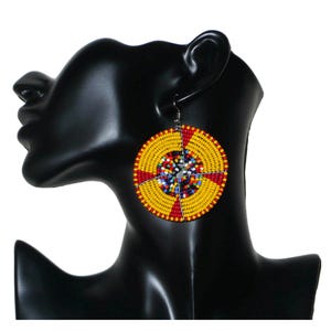Round ethnic African earrings in yellow, red, and multicolored designs - 7.5 cm long | Maasai African Jewelry