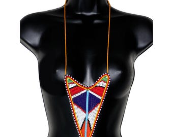 Traditionelle Maasai-Stammeskette mit langem, breitem Perlenanhänger – 50 cm lang | Traditioneller afrikanischer Schmuck