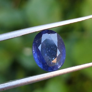 May include: A deep blue oval gemstone held by tweezers against a green background.