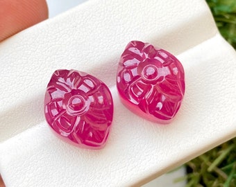 Carved Ruby Gemstone Pair: 26.20 Carat, Reddish Pink, Earring Jewelry