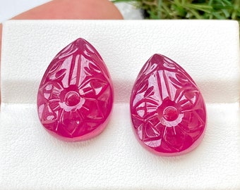 19x14x6 mm Natural Ruby Matched Pair Carving Gemstone, 38.30 CRT Beautiful Ruby Carved For Making Earring Jewelry Gemstone