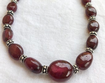 18" Precious Ruby Necklace __ 6.2 to 12 mm Oval Ruby Beads __ Trussed with Brass Chain and Artisan Beads.