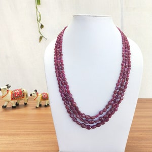 19&quot; Alluring Ruby Necklace , Precious Real Ruby Oval Beads Beautiful Necklace For Her , 3 Strands , 4.5 to 7.5 mm Beads , July Birthstone.