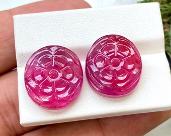 Hand Carved Ruby Gemstone Pair: Reddish Pink Oval, 44.70 Carats