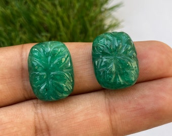 CT-2 Natural Emerald Carved Pair Size-7x9.50MM Emerald Carved Oval Shape Loose Gemstone Emerald Ring Size Making Jewelry Carved Pair Emerald
