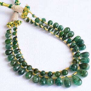 100% Natural Zambian Emerald Smooth Teardrops , 2 Strands , 5mm to 13mm Beads , 60 Pc , Natural Untreated Emerald Drop Bead Gemstone