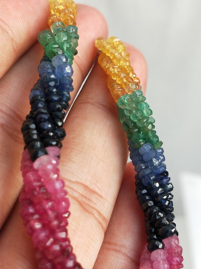 Yellow Sapphire Blue Sapphire Emerald 2.5 to 3.5 mm Facet Beads. 8 Natural Precious Gemstones Beaded Bracelet /_/_/_/_ Ruby