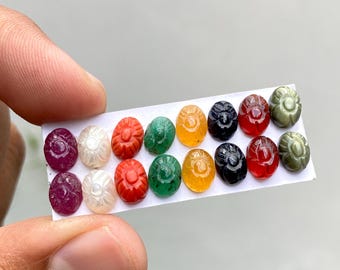 6x8 mm Natural Navratan Oval Carved Cabochon Gemstones for Making Jewelry, Real Precious Nauratan 2 packs Ideal for Earrings