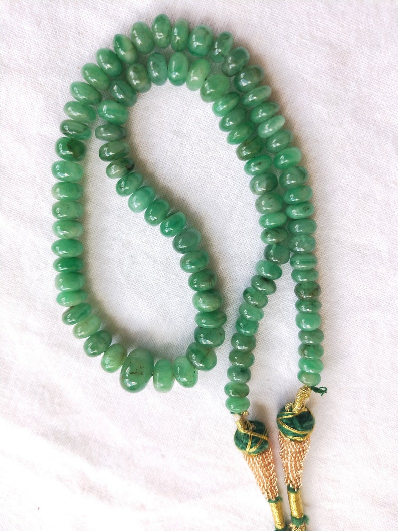 14 Inches with Adjustable Tassel May Birthstone Precious Emerald Smooth Rondelle Beaded Necklace for Her : 5.5 to 10 mm Beads Handmade.