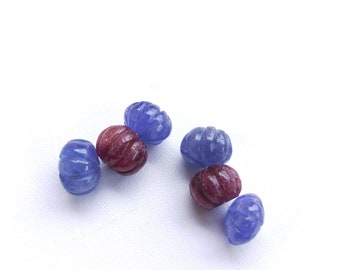 10mm Rondelle Carved Tanzanite and Ruby Beads , 3 Beads , 20 Carats Approx. , Gemstone melons for Jewelry Making.