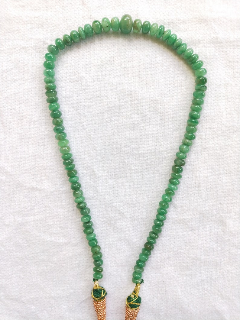 14 Inches with Adjustable Tassel May Birthstone Precious Emerald Smooth Rondelle Beaded Necklace for Her : 5.5 to 10 mm Beads Handmade.