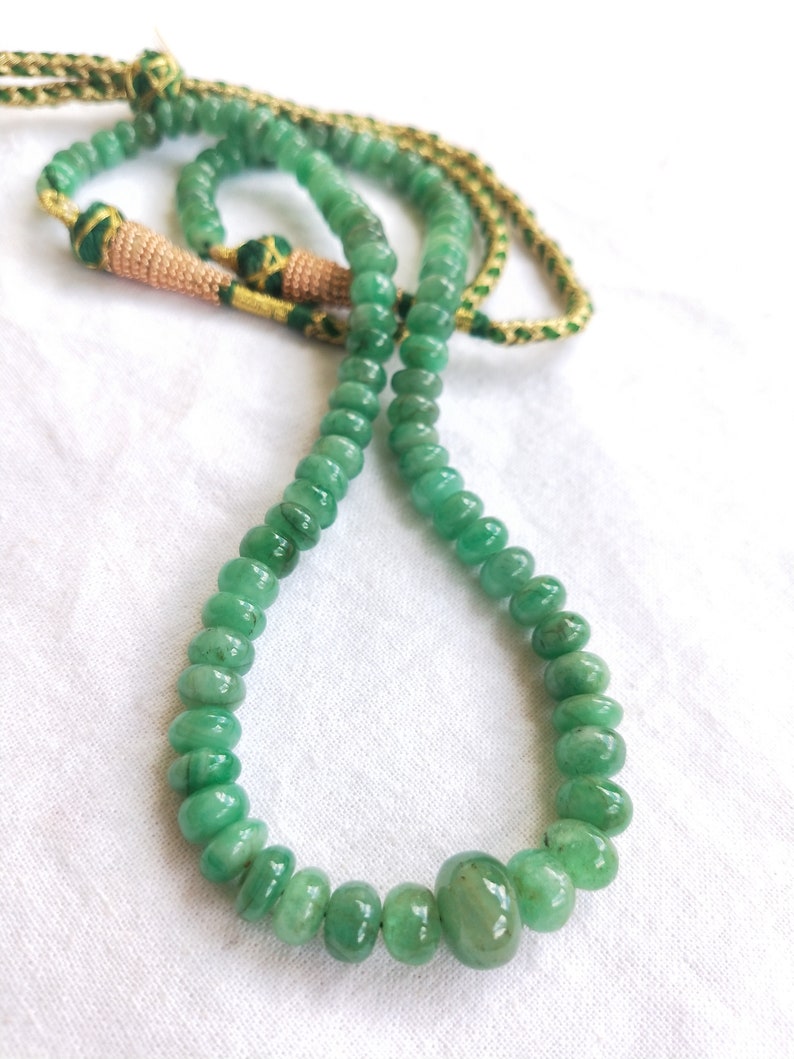 14 Inches with Adjustable Tassel May Birthstone Precious Emerald Smooth Rondelle Beaded Necklace for Her : 5.5 to 10 mm Beads Handmade.