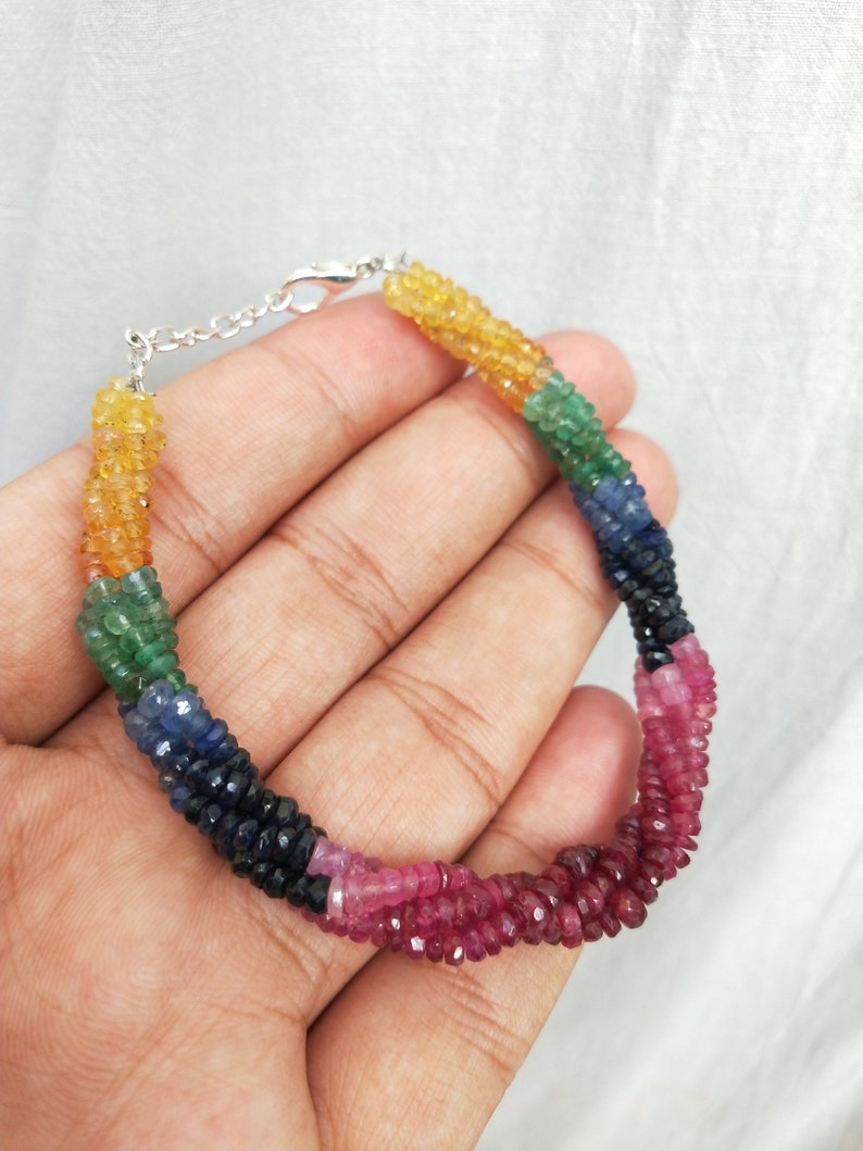 Yellow Sapphire Blue Sapphire Emerald 2.5 to 3.5 mm Facet Beads. 8 Natural Precious Gemstones Beaded Bracelet /_/_/_/_ Ruby
