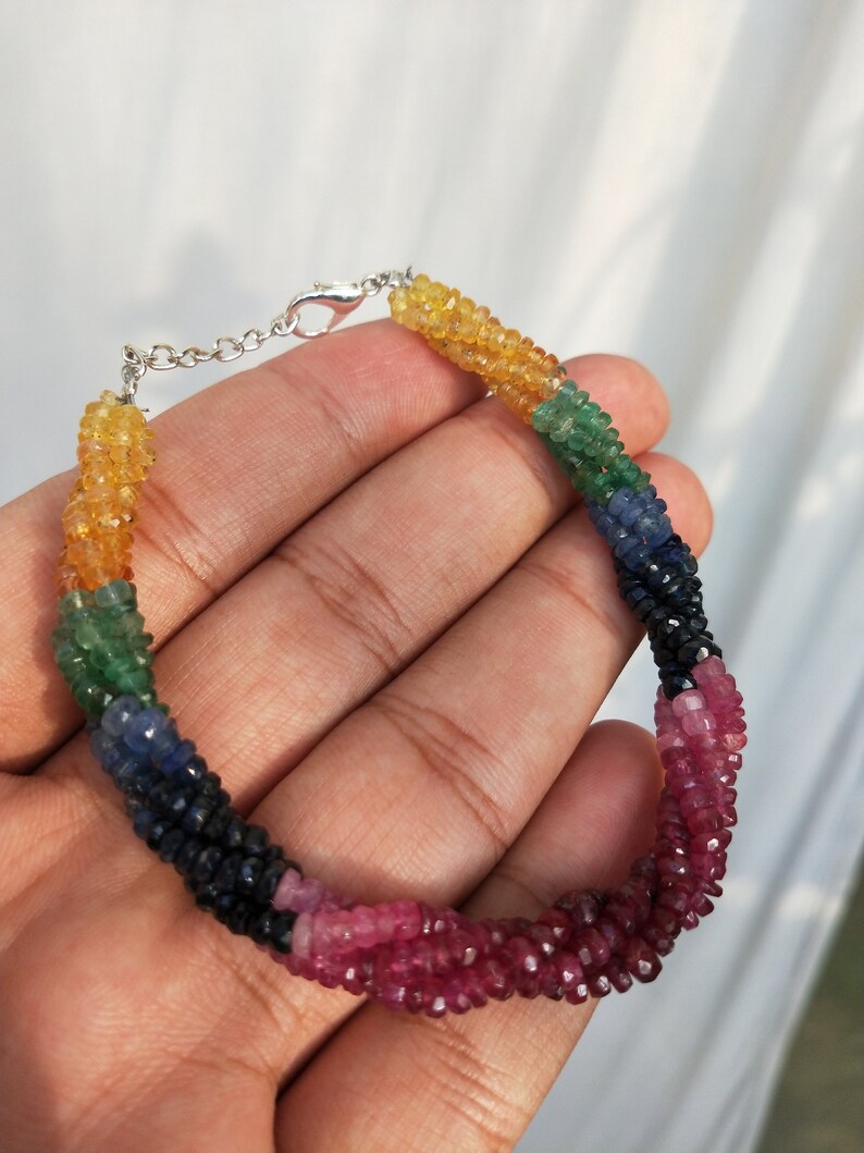 Yellow Sapphire Blue Sapphire Emerald 2.5 to 3.5 mm Facet Beads. 8 Natural Precious Gemstones Beaded Bracelet /_/_/_/_ Ruby