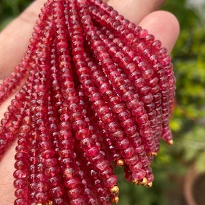 Könnte beinhalten: Eine Strähne aus rubinroten Perlen mit goldenen Akzenten. Die Perlen sind klein und rund und zu einer langen, fließenden Strähne aufgereiht.