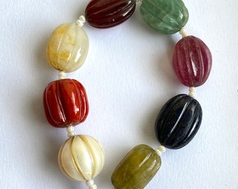 Precious Nauratan Beads ~ Natural Navratan Beads ~ Precious Gemstone Carved Beads ~ Ruby Emerald Hessonite Sapphire Coral Pearl Beads Set
