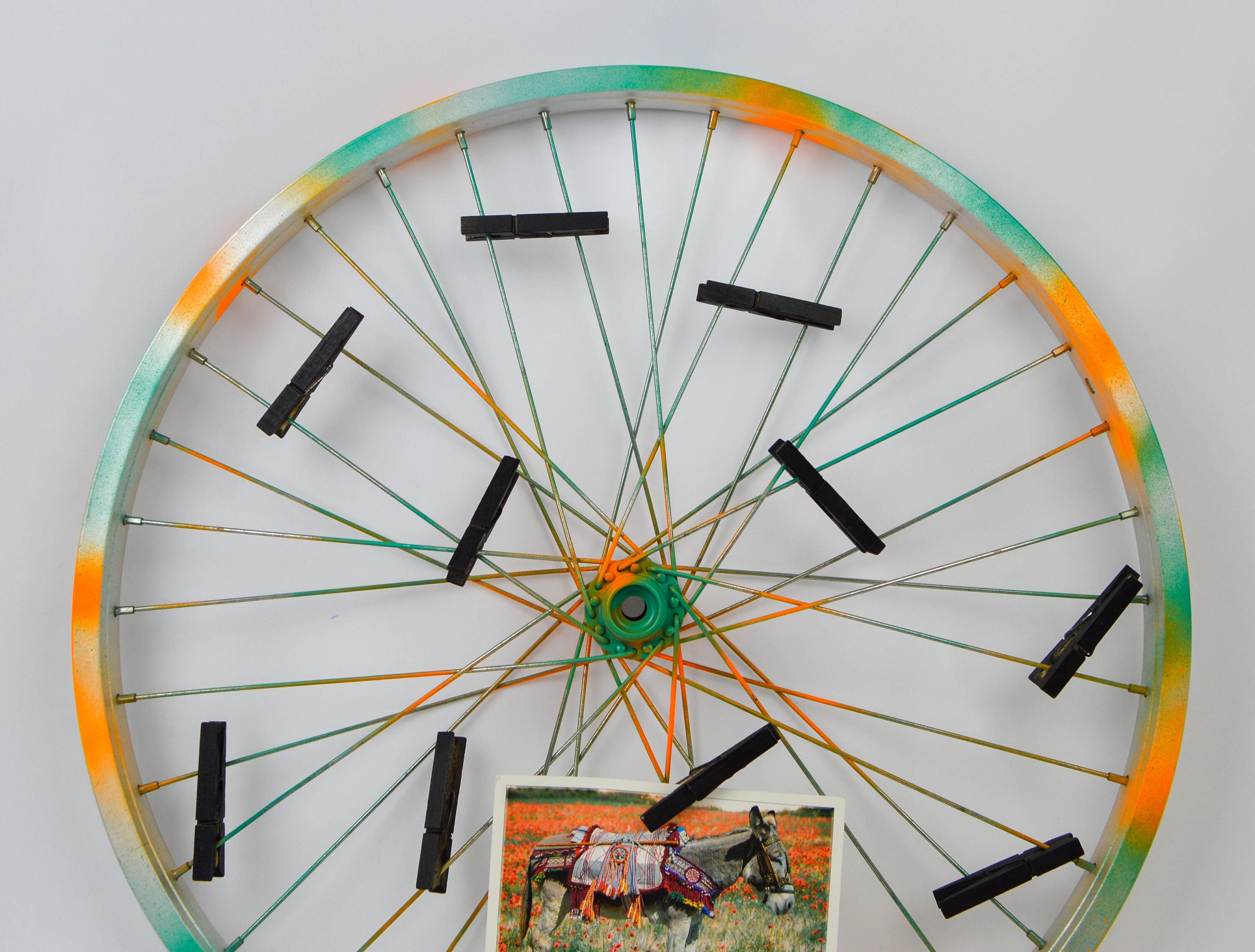 Repurposed bike wheel frame. Photo display. Etsy