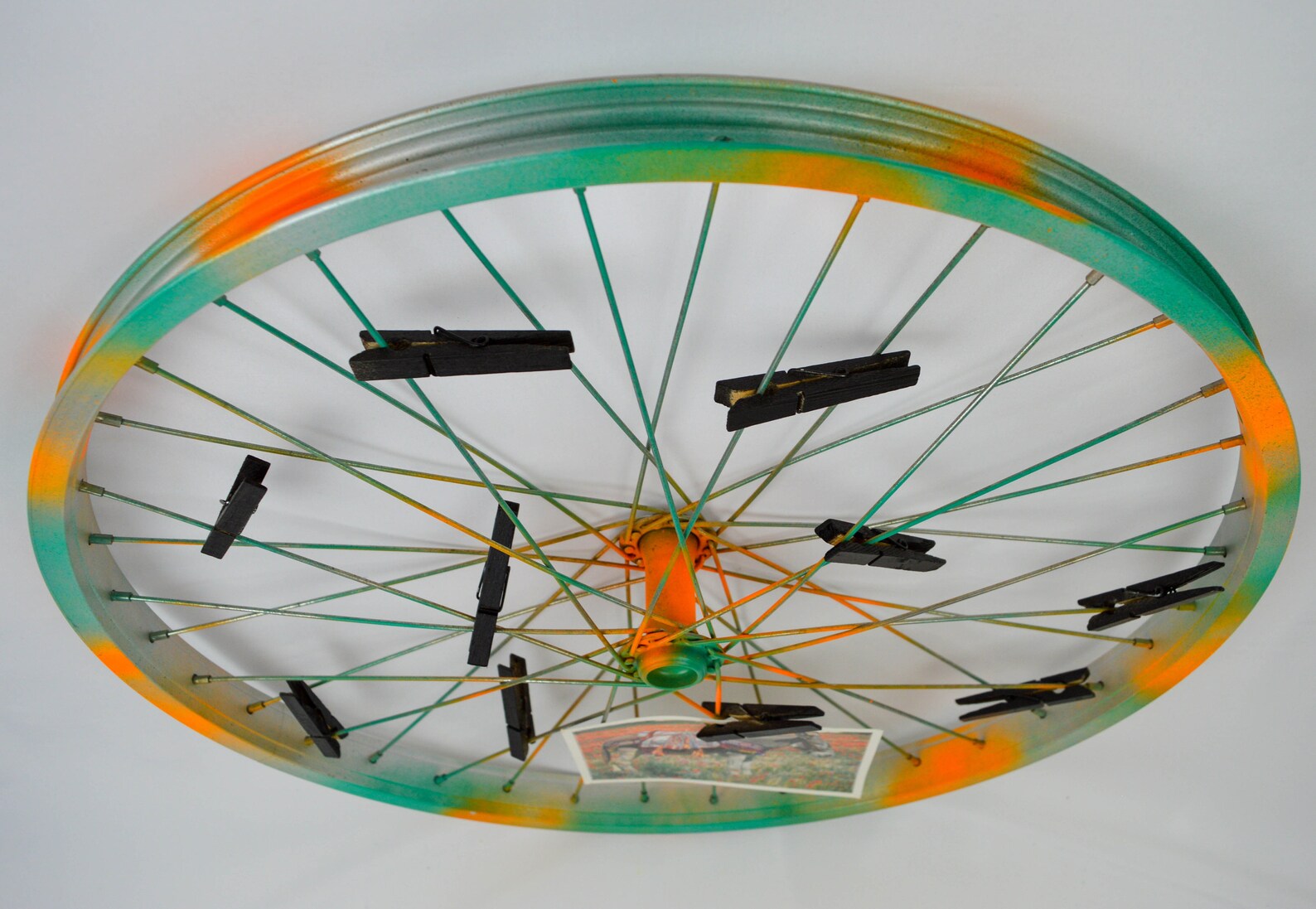Repurposed bike wheel frame. Photo display. Etsy
