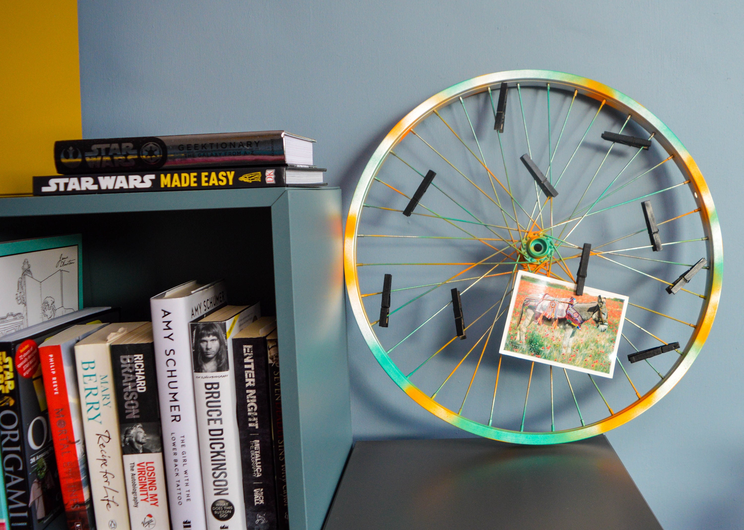 Repurposed bike wheel frame. Photo display. Etsy