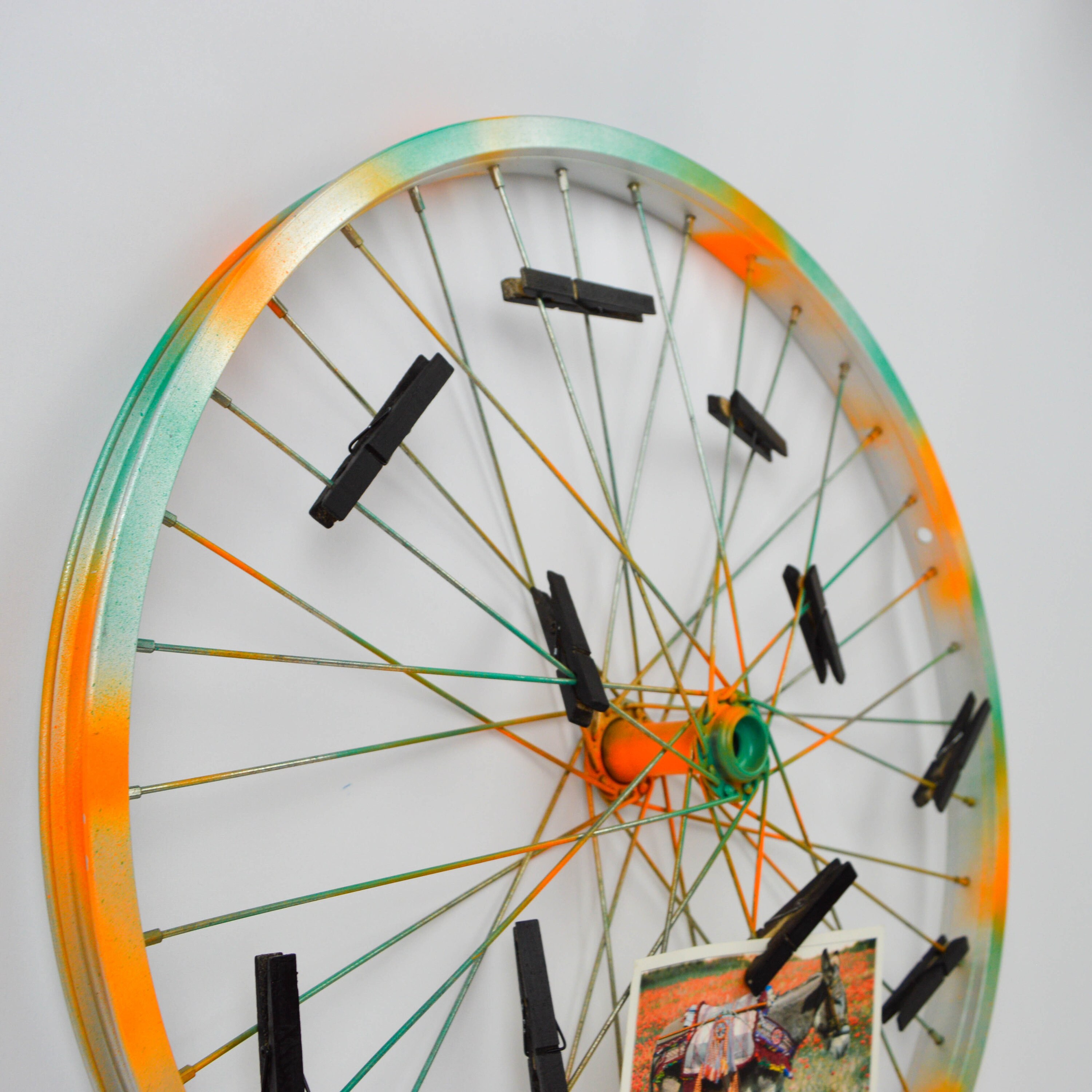 Repurposed bike wheel frame. Photo display. Etsy