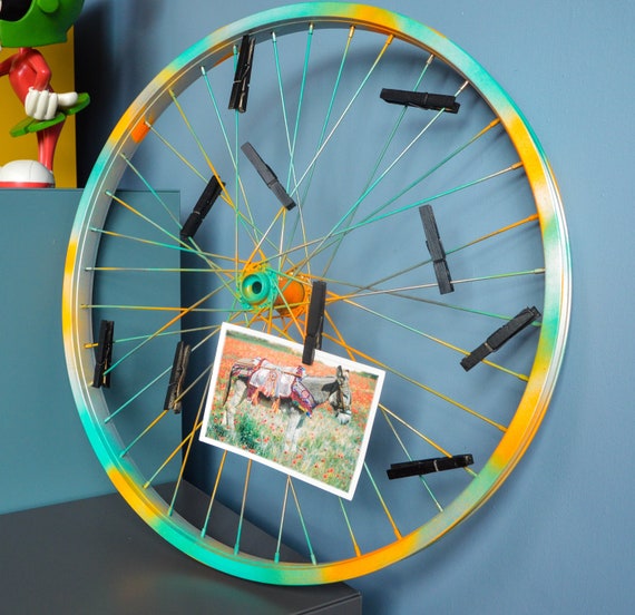 Repurposed bike wheel frame. Photo display. Etsy