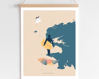 Affiche surf en Finistère, illustration surfeur, poster Bretagne, affiche 30x40 cm