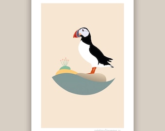 Illustrated postcard of the Atlantic Puffin, Brittany