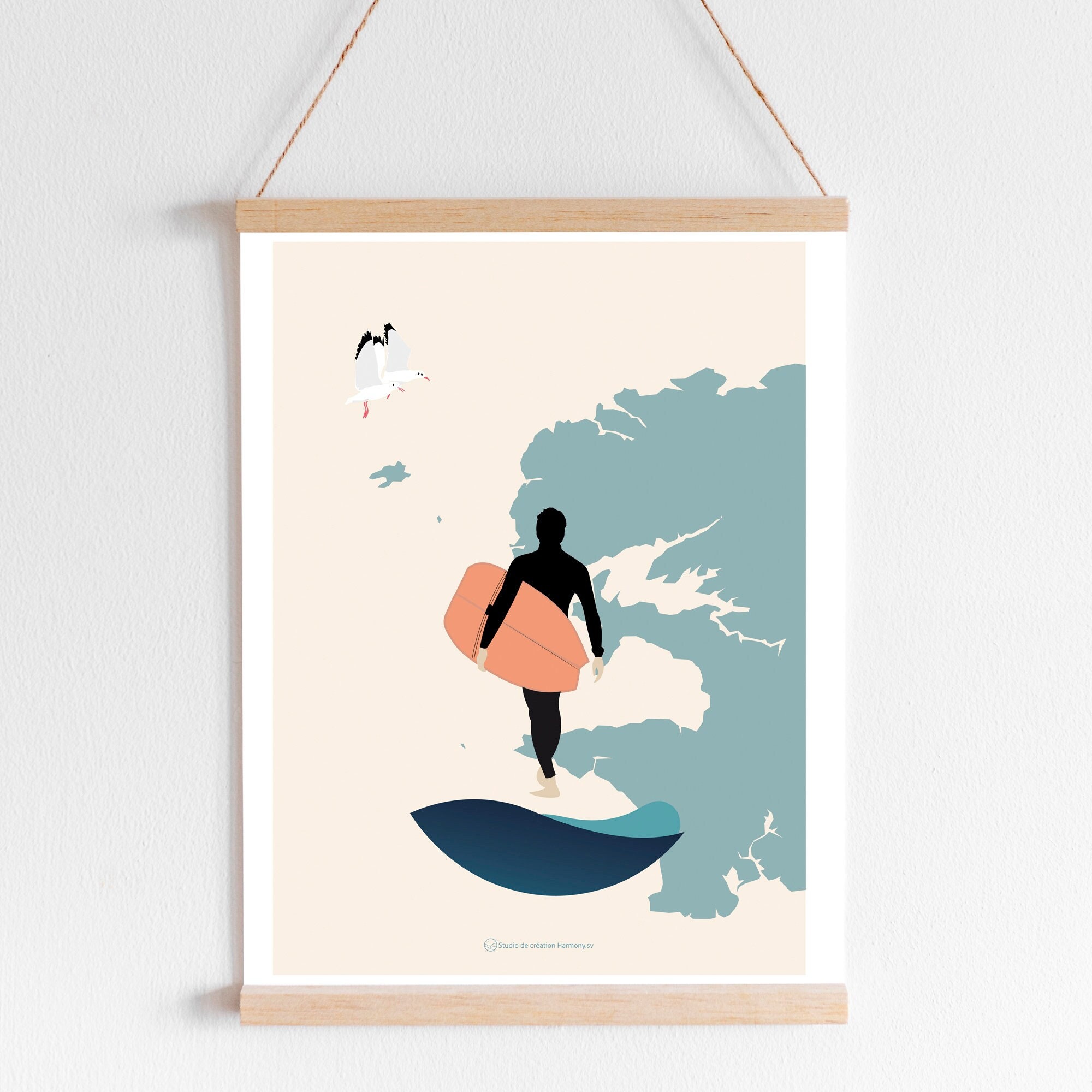 Affiche Surf en Finistère, Illustration Surfeur, Poster Bretagne, Affiche 30x40 cm