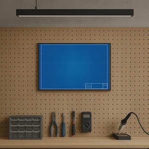 May include: A workshop scene featuring a blueprint on a wall, with tools and a parts organizer on a wooden surface. Tools include pliers, a screwdriver, and a soldering iron. The wall is a pegboard.