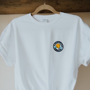 Embroidered white t-shirt - size L unisex tee - Adventure seeker badge embroidered t-shirt - gift ideas - cute t-shirt