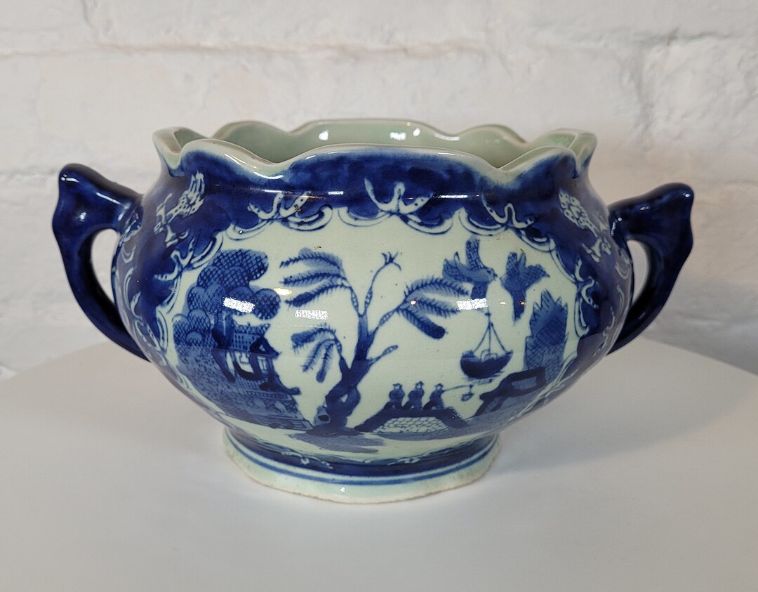 Vintage Blue and off White Chinese Plant Pot / Plant Holder Etsy