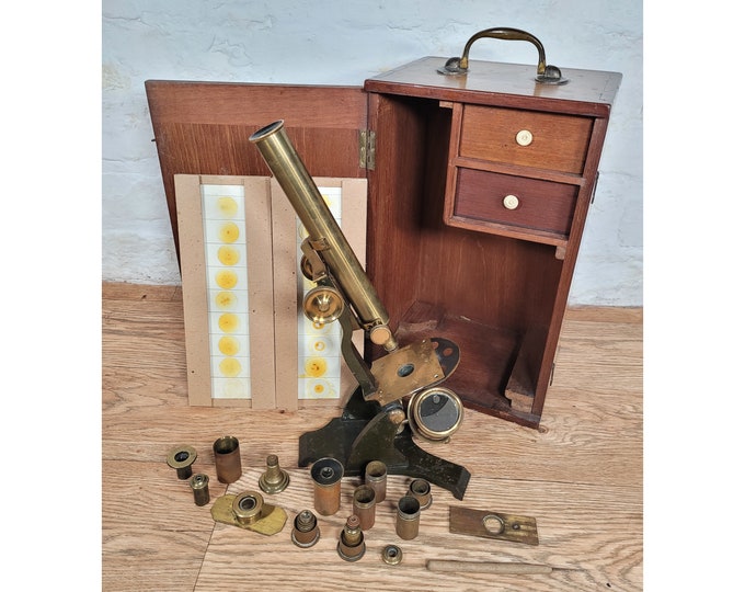 Victorian Microscope With Slides / Antique Brass Microscope