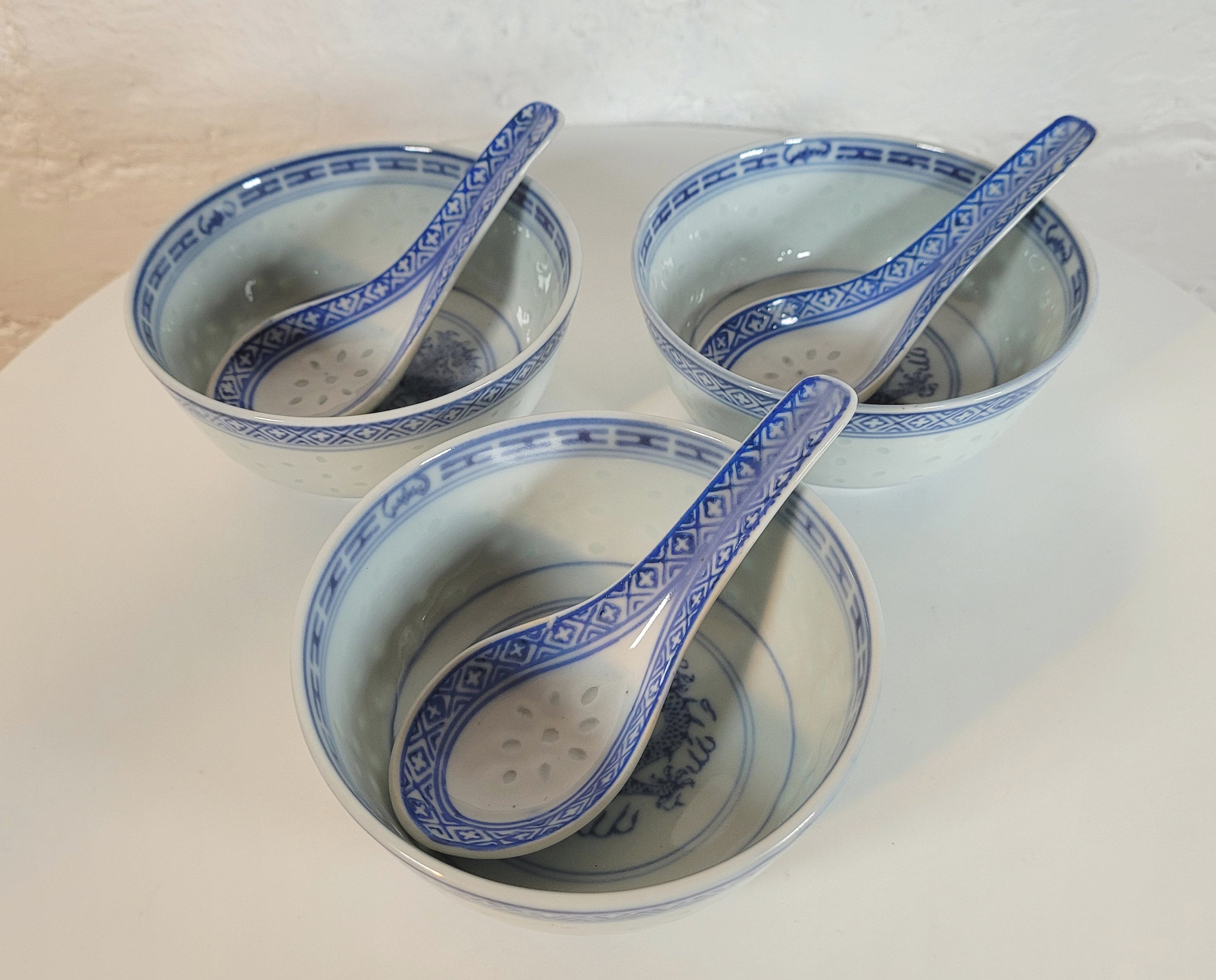 Three Vintage Chinese Soup Bowls With Spoons / Blue and White Rice