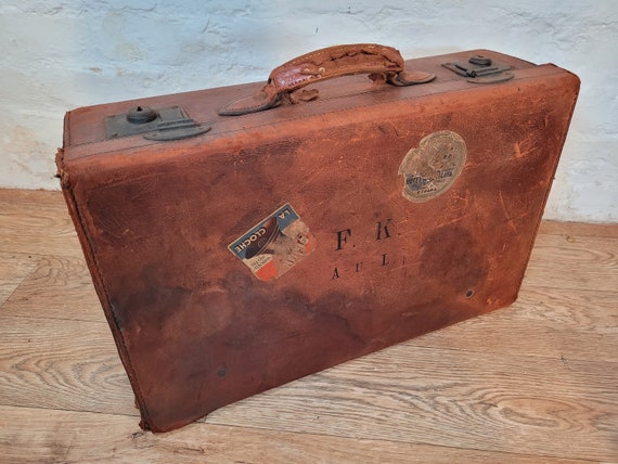 Vintage Brown Leather Suitcase / Vintage Leather Suitcase / 