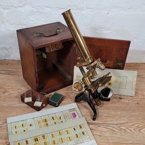 Victorian Microscope / Antique Brass Microscope / Bar-limb Microscope with Accessories
