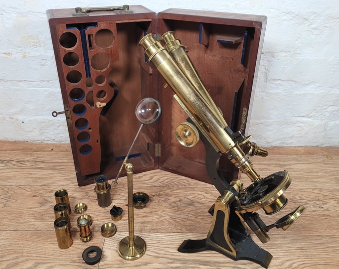 Antique Brass Binocular Microscope by Henry Crouch / Antique Brass