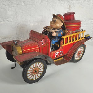 Voiture de pompier japonaise décorative vintage Nomura en étain avec modèle de pompier