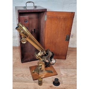 Antique Brass Binocular Microscope / Antique Brass Microscope with Box / Large Binocular Bar Limb Microscope
