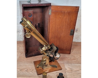 Antique Brass Binocular Microscope / Antique Brass Microscope with Box / Large Binocular Bar Limb Microscope