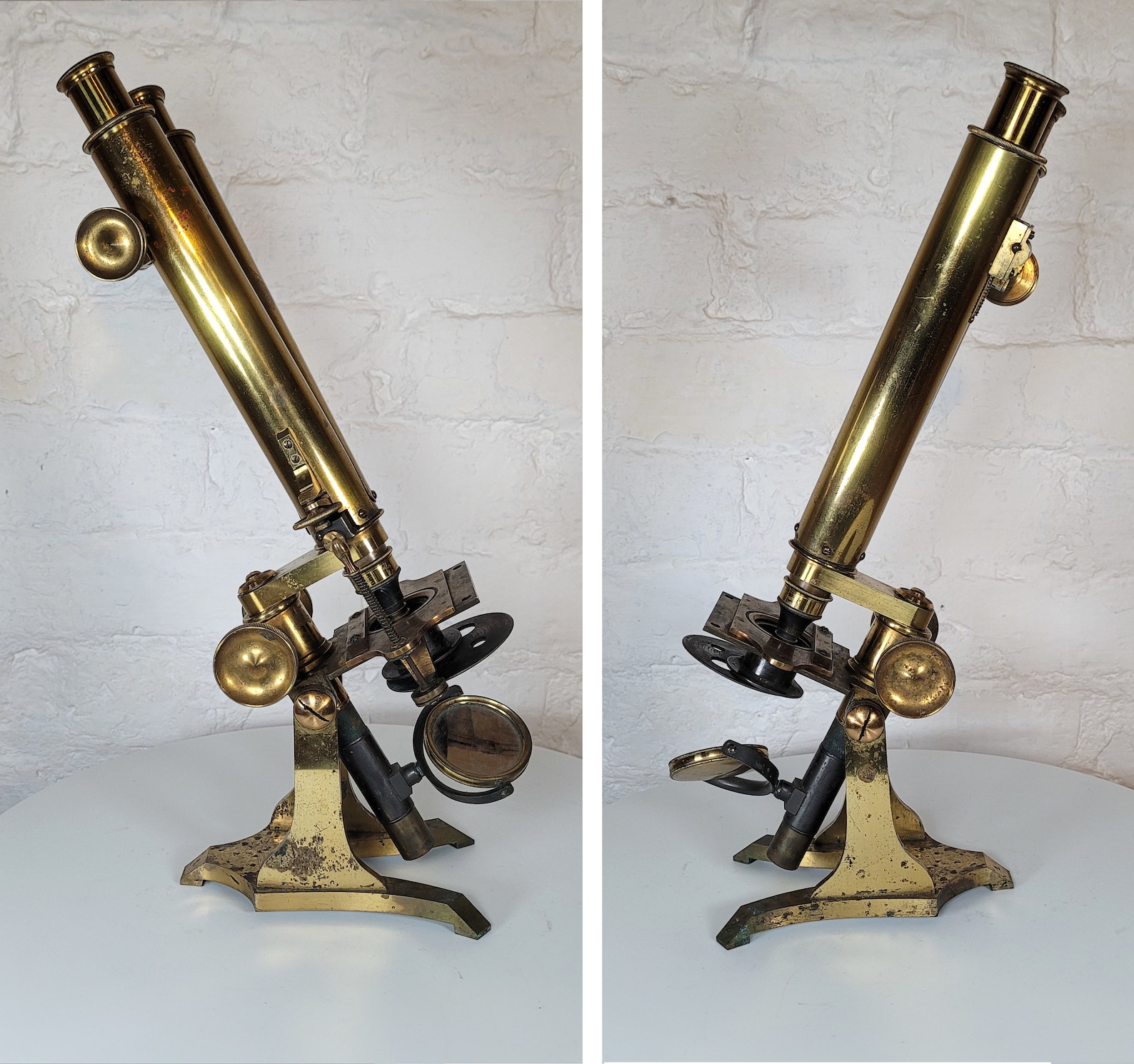 Antique Brass Binocular Microscope / Antique Brass Microscope With Box