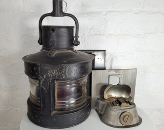 Antique Ship's Lantern with Red and Blue Glass